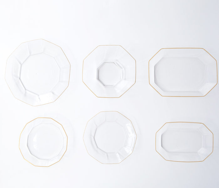 谷口 嘉さんの金縁 十二角皿、十角リム皿、八角鉢、長方鉢です。